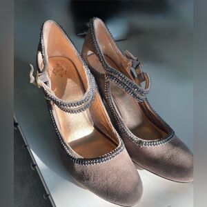 Anthropologie by Miss Albright Grey Suede Heels with Crystal Trim